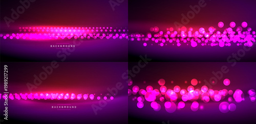 Dark backgrounds showcase vibrant pink, purple glowing particles. Variations display differing density, light intensity. Abstract design elements present.