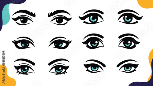 Collection of stylized eyes with long lashes and blue pupils on a white background for beauty and fashion related designs.