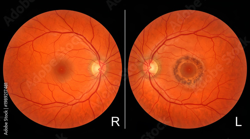 Illustrative comparison of a healthy human ocular fundus against one with significant macular pathology, highlighting retinal health differences