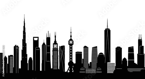 City skyline with tall buildings.