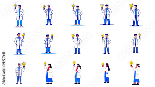 Set of Flat Vector Illustrations of Scientist Holding Idea Light Bulb, Innovation Concept Featuring Scientific Research, Creative Thinking, Discovery and Problem Solving for Laboratory Work, Education