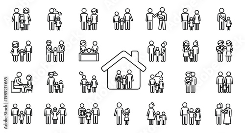 Various family structures and relationships illustrated in simple vector graphic designs for use in educational materials