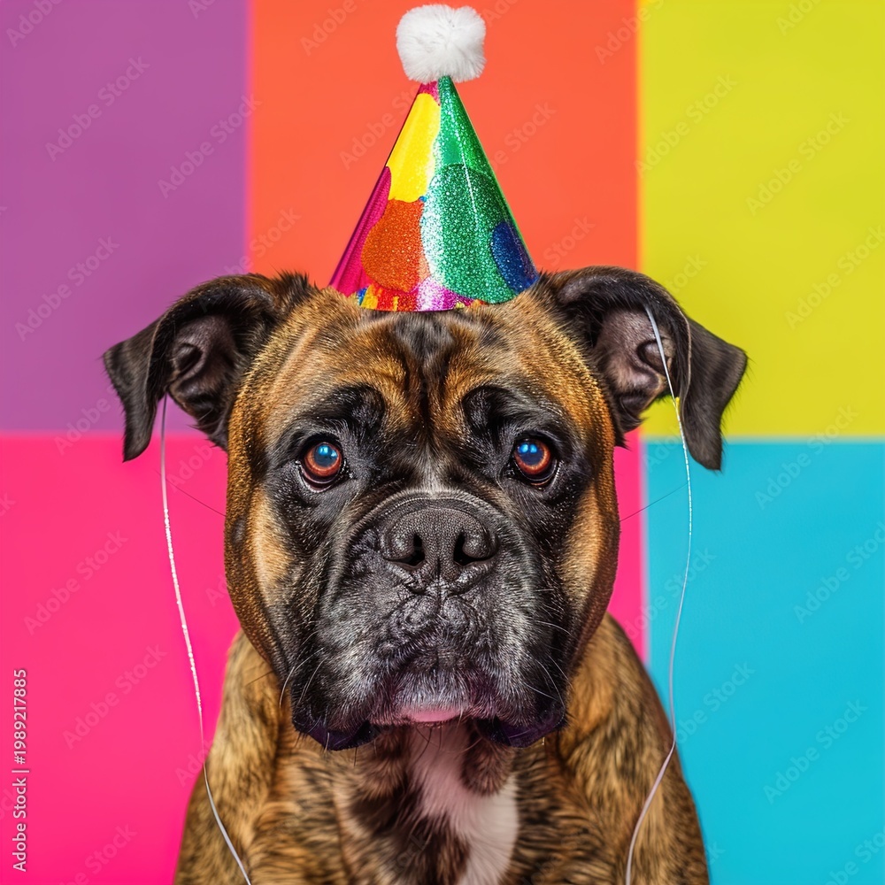 Fototapeta premium A brown boxer dog wearing a colorful party hat on a multicolored background
