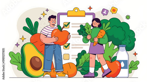 Healthy Meal Planning with Fresh Vegetables and People - Flat Vector Illustration