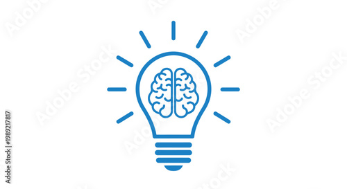 Blue vector graphic illustration of a lightbulb with a brain inside representing creative idea and innovation