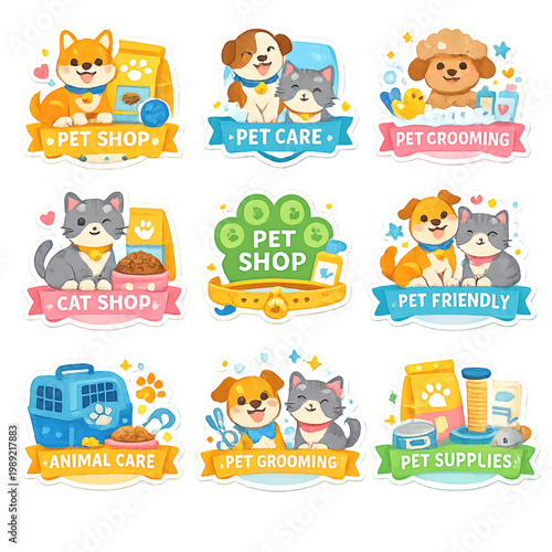 pet shop badges, grooming badges, colorful badges, pet grooming, pet care, pet store, dog grooming, cat grooming, pet services, animal care, veterinary, pet salon, grooming salon, pet logo, badge coll