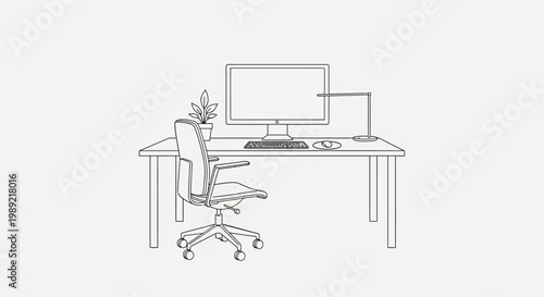 Minimalist Home Office Setup with Desk Chair Computer and Lamp.