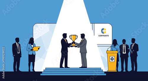 Two businessmen shaking hands and holding a trophy on a stage.