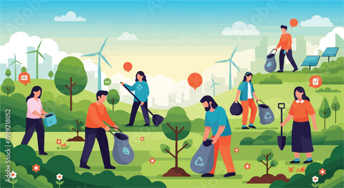 Eco-friendly community volunteers cleaning park, people collecting trash and planting trees, sustainable green energy landscape with wind turbines