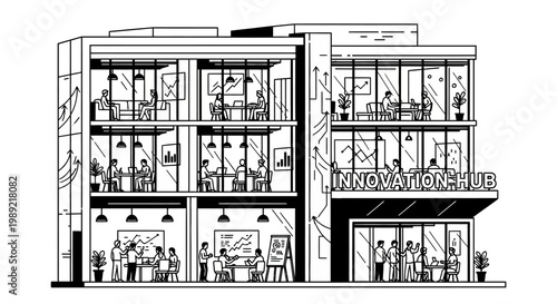 Modern Innovation Hub Building with Collaborative Workspaces.