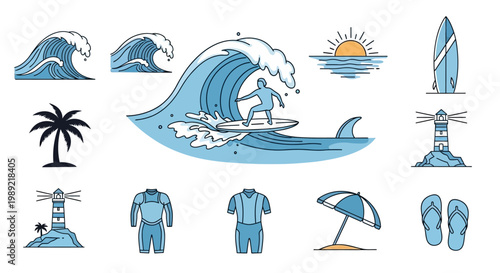 Surfing wetsuit and beach accessories.