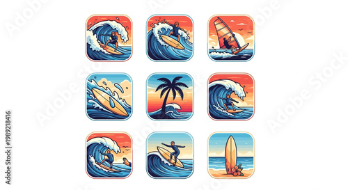Surfing icons with various wave styles.