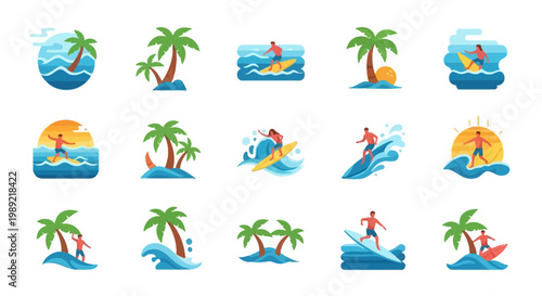 Surfer Riding Wave Under Palm Tree.