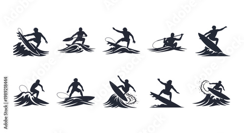 Silhouettes of surfers riding waves.