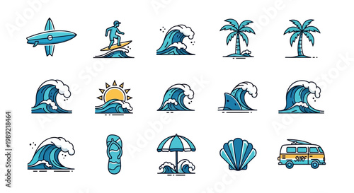 Collection of beach icons and symbols.