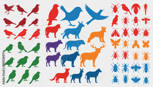 Colorful animal silhouettes collection, flat vector wildlife and insect icons, diverse set of birds mammals and bugs for nature design projects