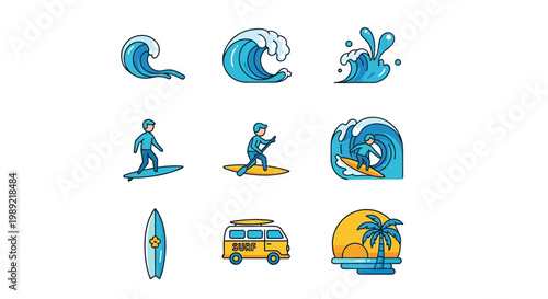 Surfing icons and symbols collection.