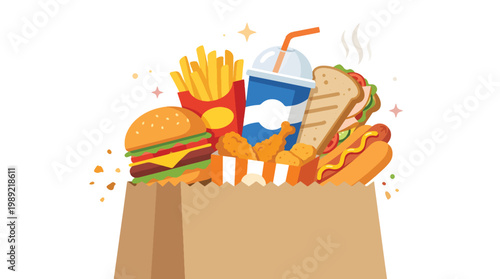 Paper Bag Full of Fast Food Takeaway Meal Flat Vector Illustration