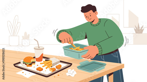 Person Packing Leftover Fast Food into Container to Avoid Food Waste Flat Vector Illustration