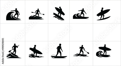 Black silhouettes of surfers in action.