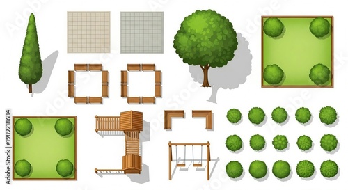 Top view park landscape design playground benches shrubs trees outdoor illustration photo