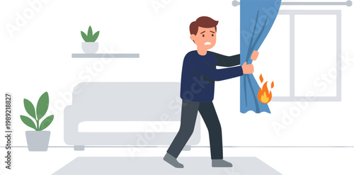 Man putting out flames on burning curtains in living room