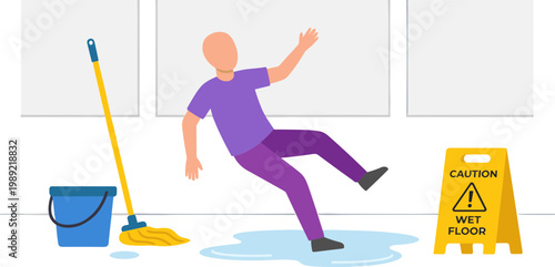 Man slips on wet floor with caution sign and cleaning tools nearby indoors.