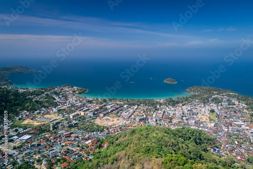 Slika na platnu Sweeping aerial panorama captures Kata Beach and Kata Noi Beach in Phuket, Thail