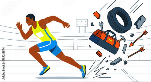 Man runs down stairs with scattered tools and tire flying around him.