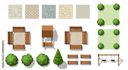 Top view park landscape design gazebo paving benches swing trees shrubs outdoor illustration photo