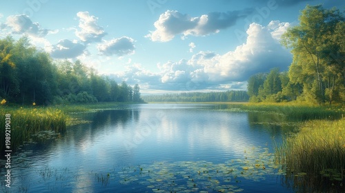 Serene Lake Surrounded by Lush Green Trees Under a Bright Cloudy Sky