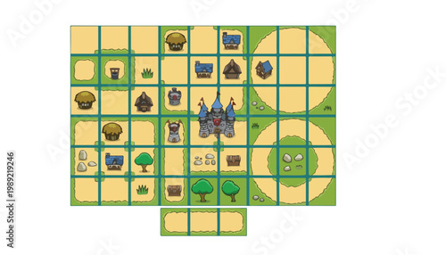 Medieval fantasy game map tiles, pixel art style kingdom builder assets, tabletop board game grid with castle and village buildings, vector set