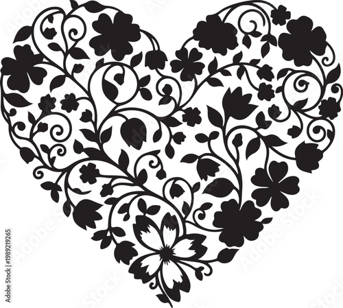 Black heart shape, floral pattern, vector illustration, love symbol, decorative design