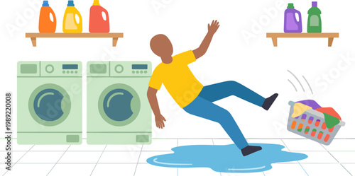 Man slipping on water near washing machines with laundry basket nearby