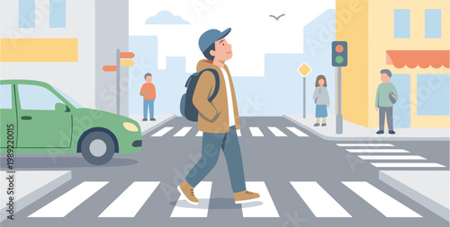 Man crossing street with car and people in city urban landscape scene