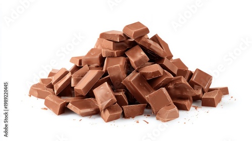 Stack of milk chocolate pieces on white background. AI generated