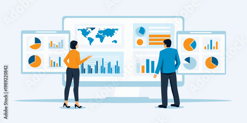 Two professionals analyze data visualizations displayed on a large computer screen