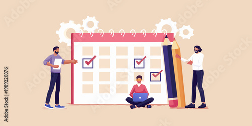 Team collaborating on scheduling and task management with a large calendar