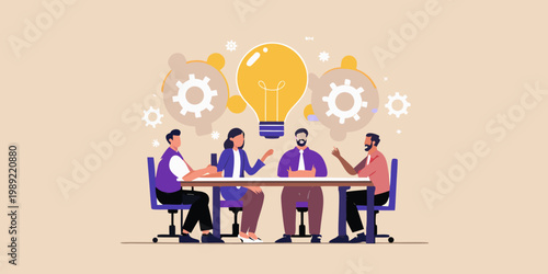 Team brainstorming session with innovative ideas represented by glowing lightbulbs