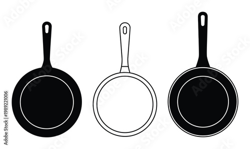 Three Frying Pans: Black Silhouette, Outline, and Filled Outline