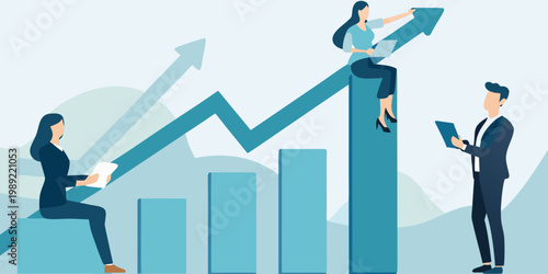 Business professionals analyzing growth charts and celebrating success together