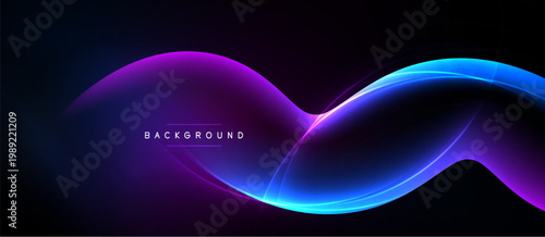 Abstract wavy lines, vibrant purple, blue gradients over black background. Modern design element, dynamic flow, smooth curves.