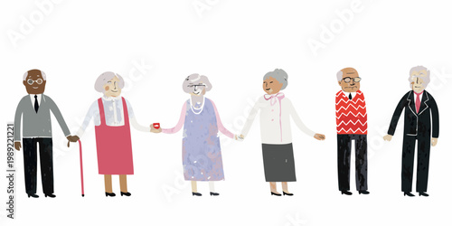 A diverse group of seniors holding hands representing unity and aging