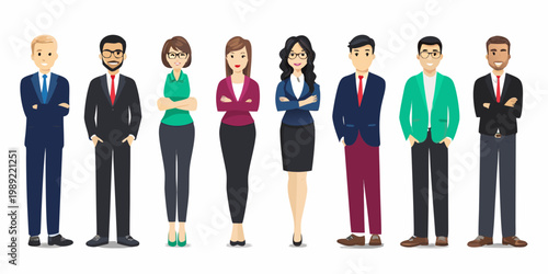 Diverse group of business professionals standing in a row smiling