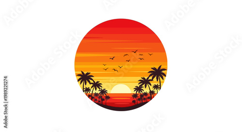 Palm trees at sunset beach scene.