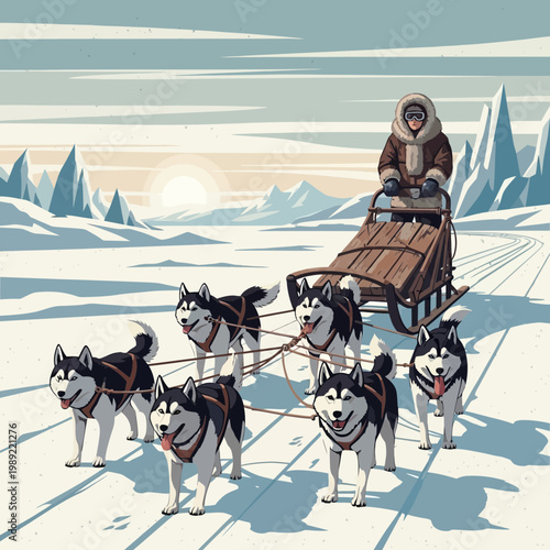Husky dog sled team pulling a sled through snowy arctic landscape at sunrise