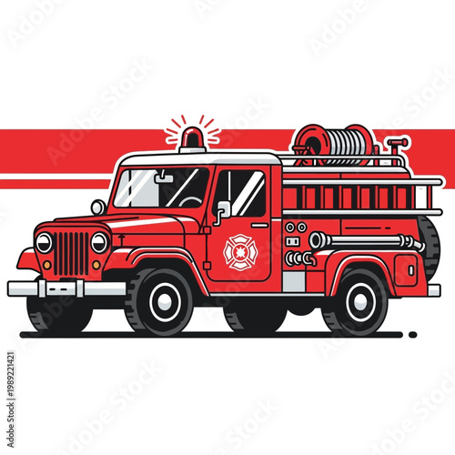 Red vintage fire truck with hose reel and ladder, graphic illustration