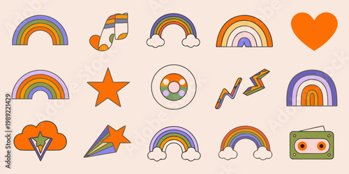 Colorful cartoon doodles of rainbows stars and hearts on a beige background