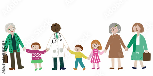 A diverse group of people including a doctor holding hands together