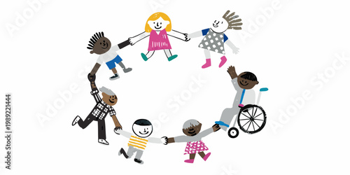 Diverse group of children holding hands in a circle promoting inclusivity